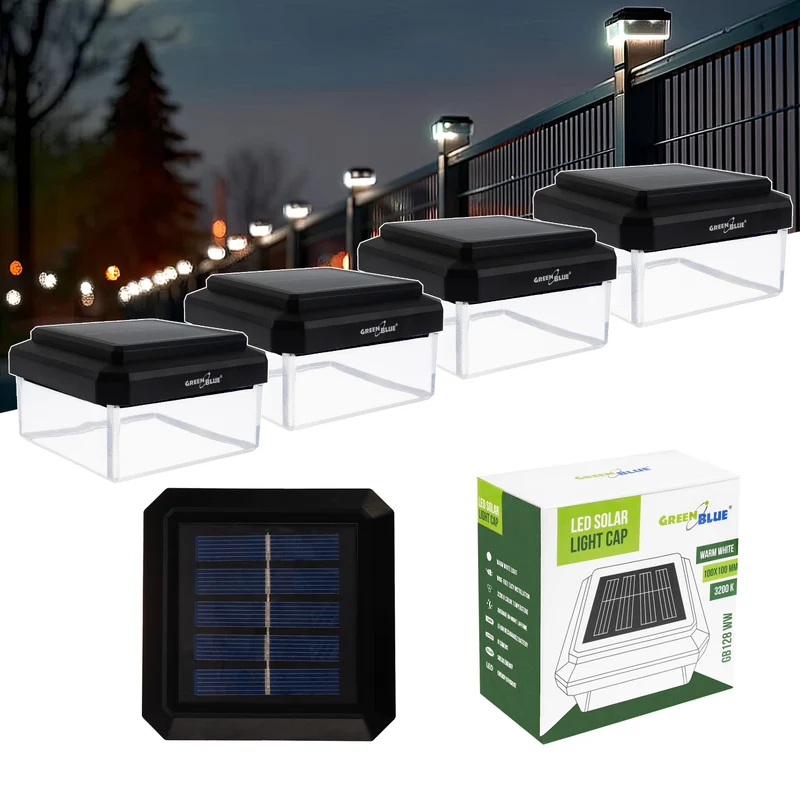 Lampe solaire LED sur poteau GreenBlue, 100 x 100 mm, auvent en forme d'enveloppe, 3200 K, GB128 WW, lot de 4