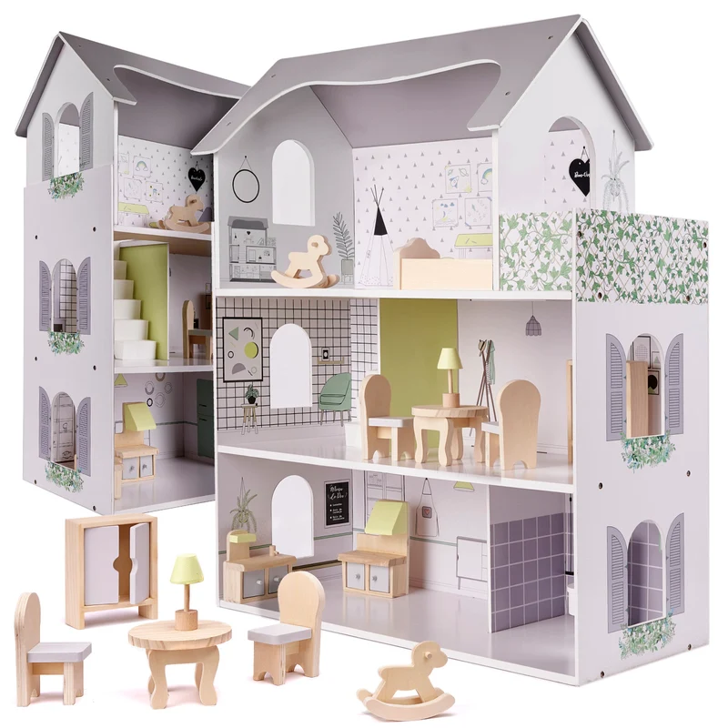 Luxe Houten Poppenhuis – Grote Speelvilla 70 cm – Inclusief Meubels – 3 Verdiepingen – 5 Kamers – Grijs – Montessori Speelgoed