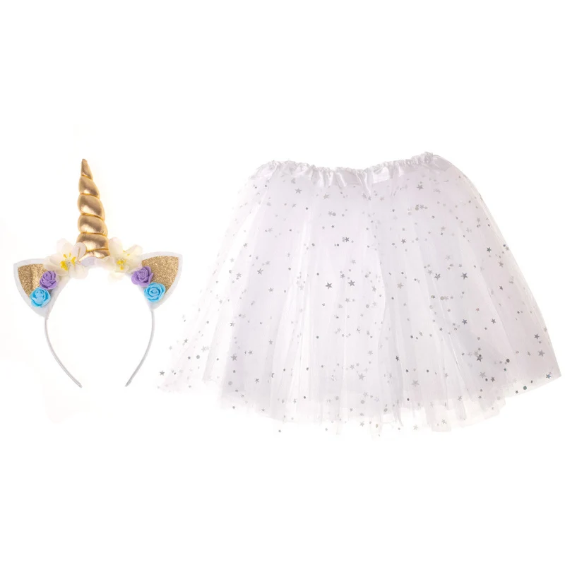 Unicorn Verkleedset Kind – Carnaval Outfit met Glitters & Tutu Rok – Wit – Unicorn Kostuum voor Meisjes