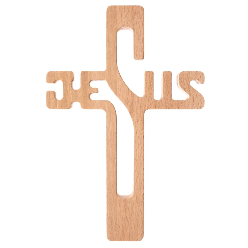Croix suspendue en bois avec inscription JESUS naturel 30x20x1.8cm