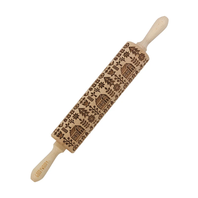 Rouleau à gâteau gravé Goody Woody, 46 cm, bois de hêtre, maison scandinave