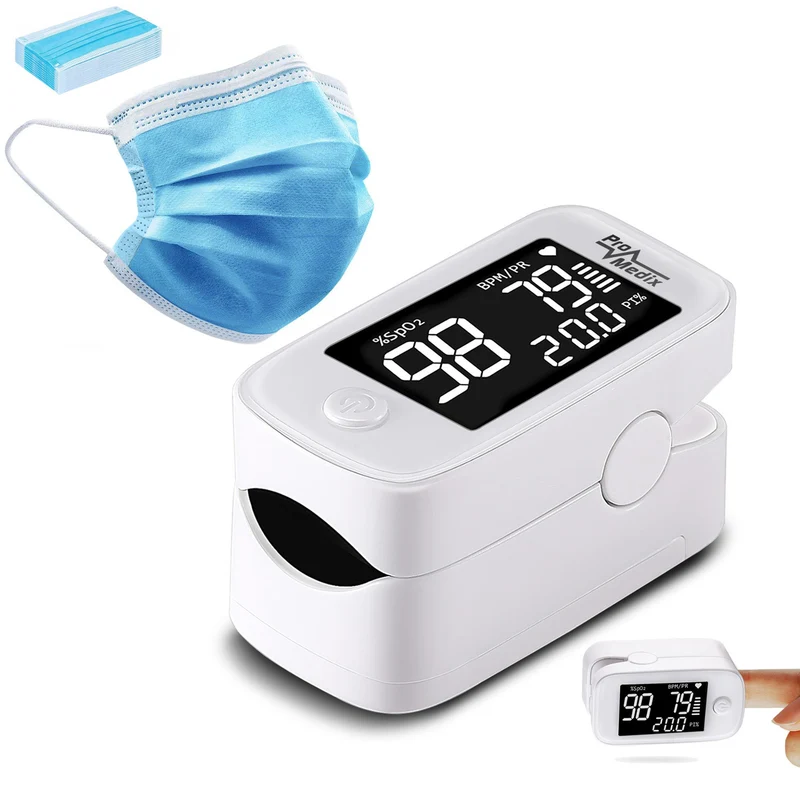 Promedix PR-870 1.5" HD LED oxymètre de pouls médical + 2x Masques médicaux CE EN 14683:2019 - set - couleur bleu 10 pièces Promedix PR-280 BFE>98%