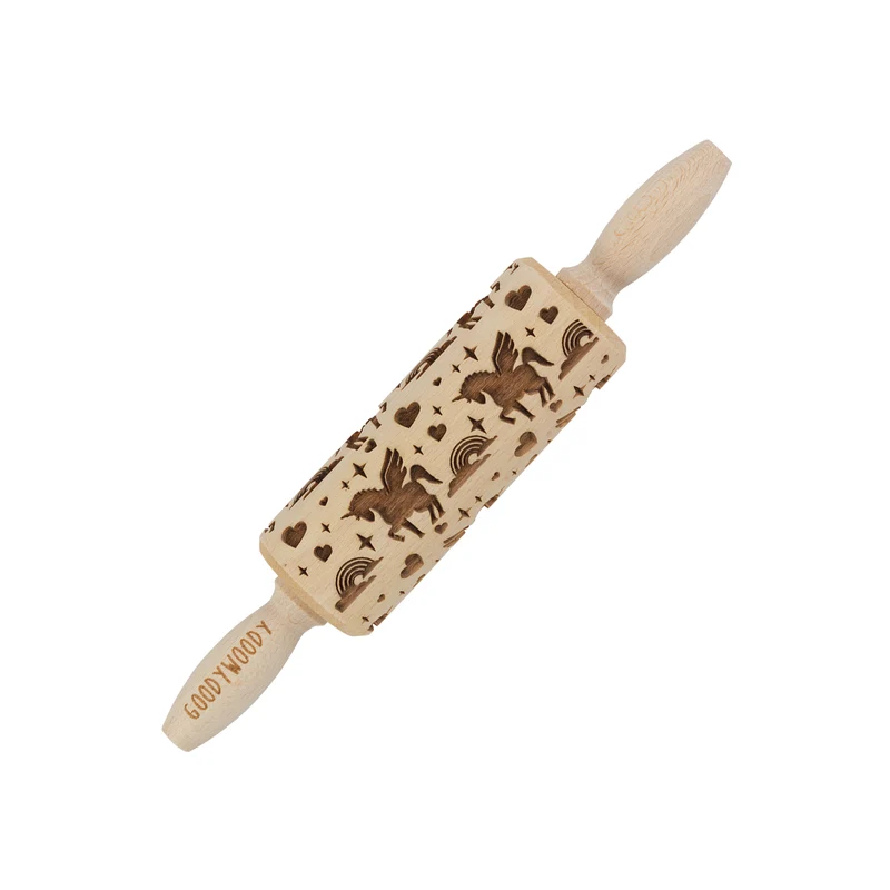 Rouleau à gâteau gravé Goody Woody, 23,5 cm, bois de hêtre, motif licorne