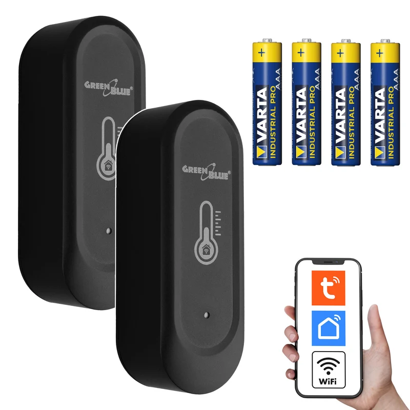 Capteur externe de température et d'humidité WiFi GreenBlue, Android/iOS, 3,0 V CC, LR03x2, IP65, GB741 (2 pièces) + 4 piles alcalines AAA Varta Industrial 4003
