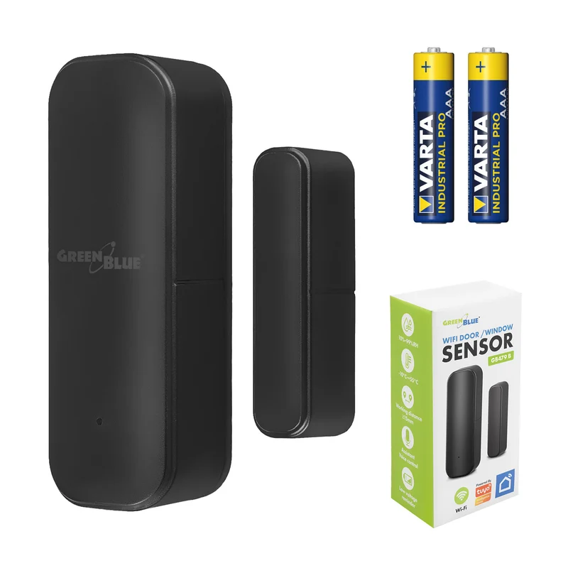 GB479 B Contacteur sans fil / capteur d'ouverture Wi-Fi GreenBlue, Android/iOS, pour portes / fenêtres, 3,0 V CC, LR03x2, GB479 B + 2 piles R-03 LR03 AAA alcalines Varta Industrial 4003