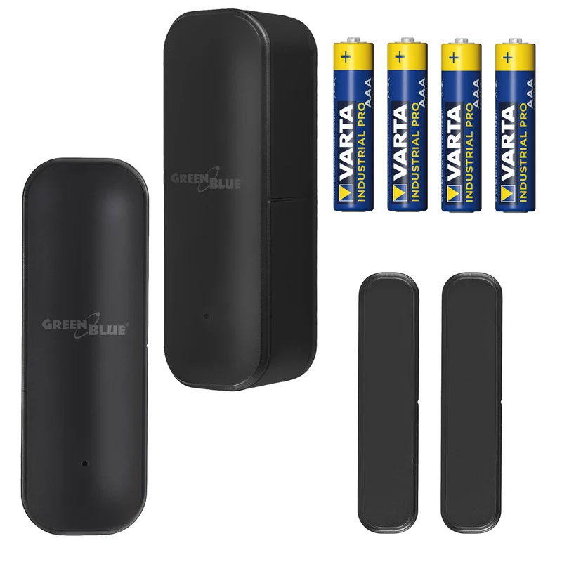 Contacteur sans fil / capteur d'ouverture Wi-Fi GreenBlue, Android/iOS, pour portes / fenêtres, 3,0 V CC, LR03x2, GB479 B, 2 pièces + 4 piles alcalines AAA Varta Industrial 4003