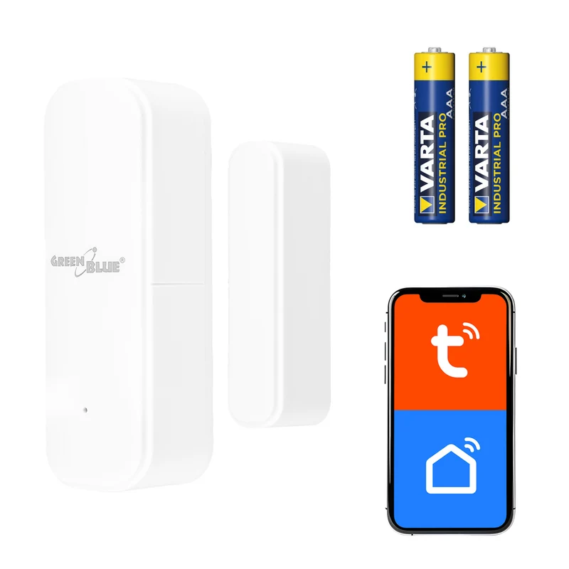 Contacteur sans fil / capteur d'ouverture Wi-Fi GreenBlue, Android/iOS, pour portes / fenêtres, 3,0 V CC, LR03x2, GB479 W + 2 piles R-03 LR03 AAA alcalines Varta Industrial 4003