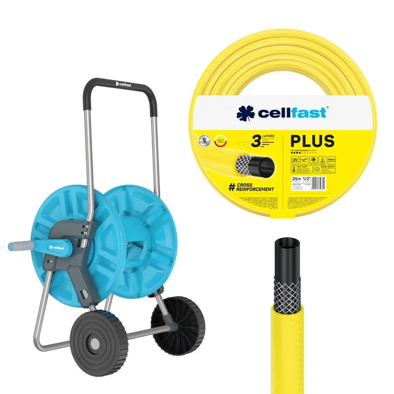 Chariot pour tuyau Cellfast Aluplus 1/2" 60 m + tuyau d'arrosage Cellfast Plus 1/2" 25 m