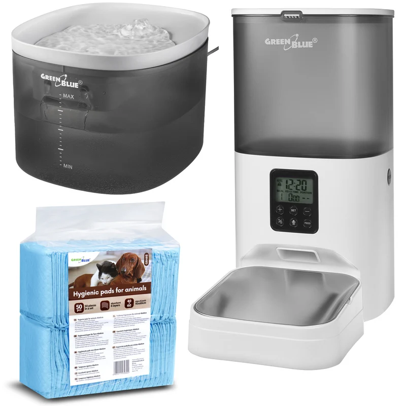 GreenBlue GB392 distributeur automatique d'eau / abreuvoir pour animaux + GreenBlue GB393 distributeur automatique de nourriture pour animaux + 60x40cm, 50pc underlay, GB495