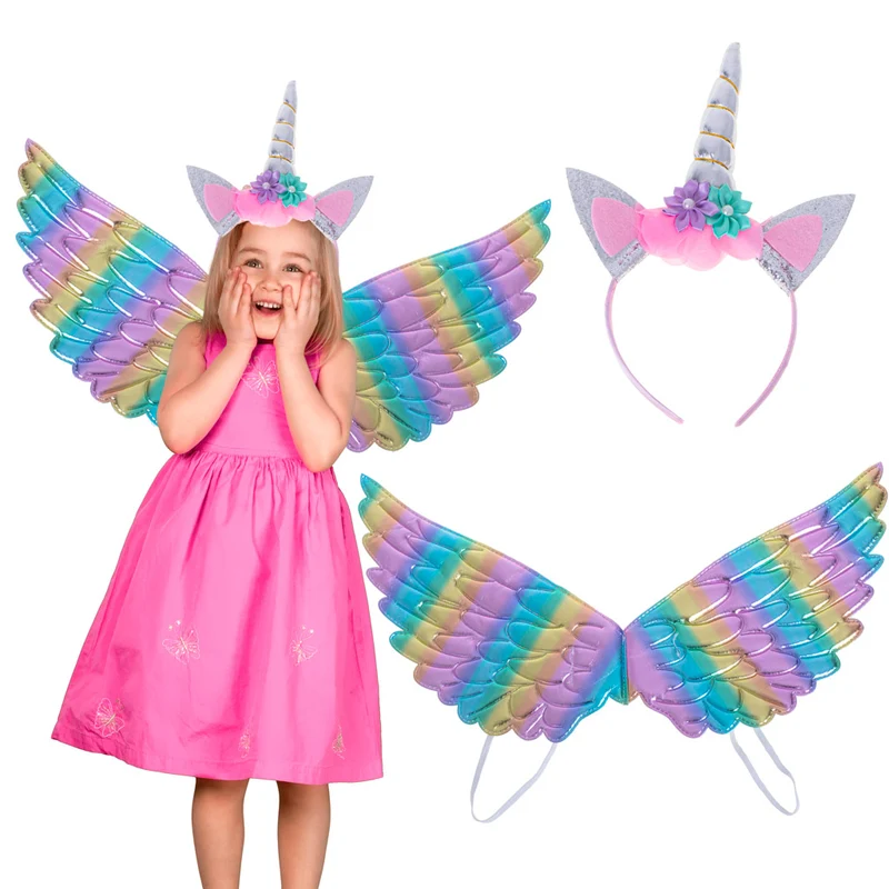 Unicorn Verkleedset Kind – Carnaval Outfit met Regenboogvleugels & Hoofdband – Unicorn Kostuum voor Meisjes