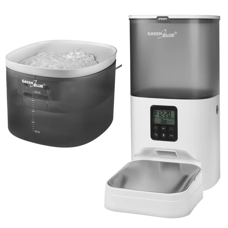 GreenBlue distributeur automatique d'eau / abreuvoir pour animaux, 3L, USB 5V1A, GB392 + GreenBlue distributeur automatique de nourriture pour animaux / mangeoire, 6L, USB 5V1A, GB393