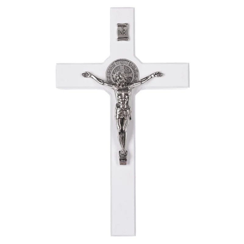 Croix en bois de St Benoît suspendue avec pasque blanc 22x12x1.8cm