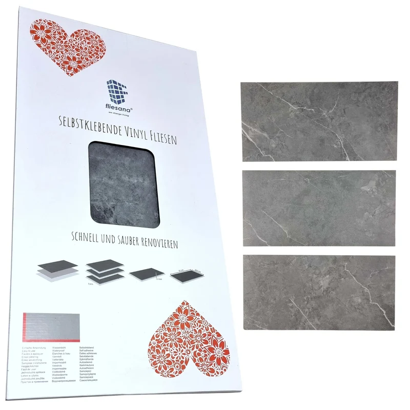Fliesana carreaux de sol et de mur autocollants, lot de 3, imperméables, design en pierre naturelle, couleur gris foncé