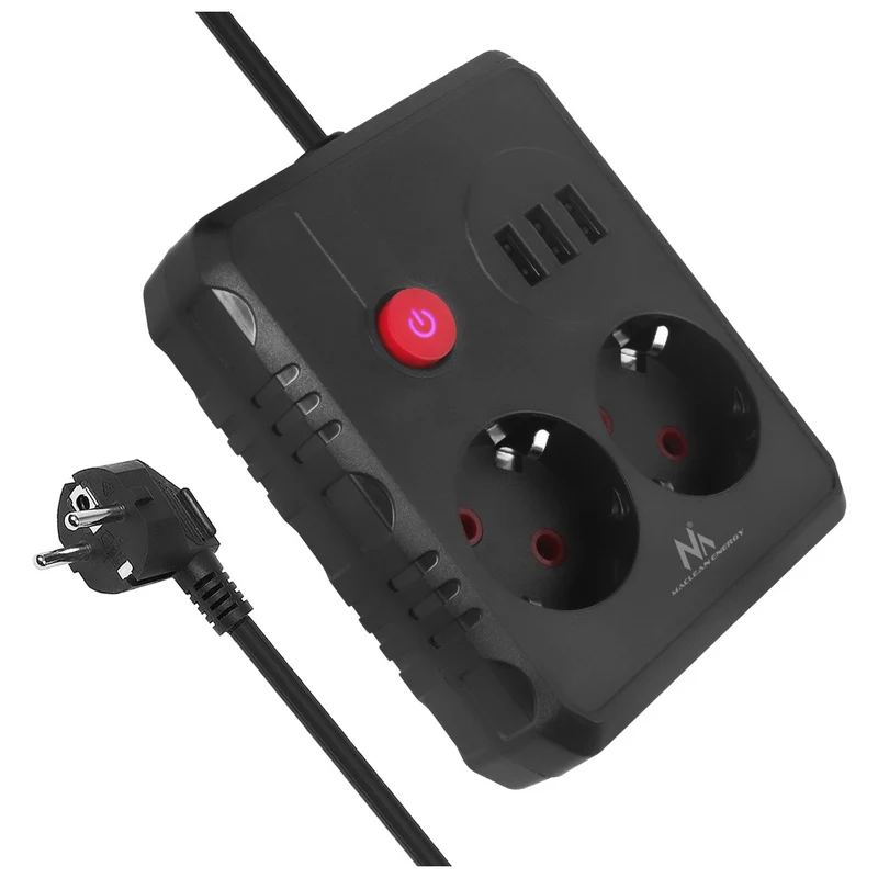 Multiprise Maclean, câble d'extension 2 prises + 3xUSB, 110-240V AC 50/60Hz, 2.1A max 2500W, 1.5m, noir, MCE387 B