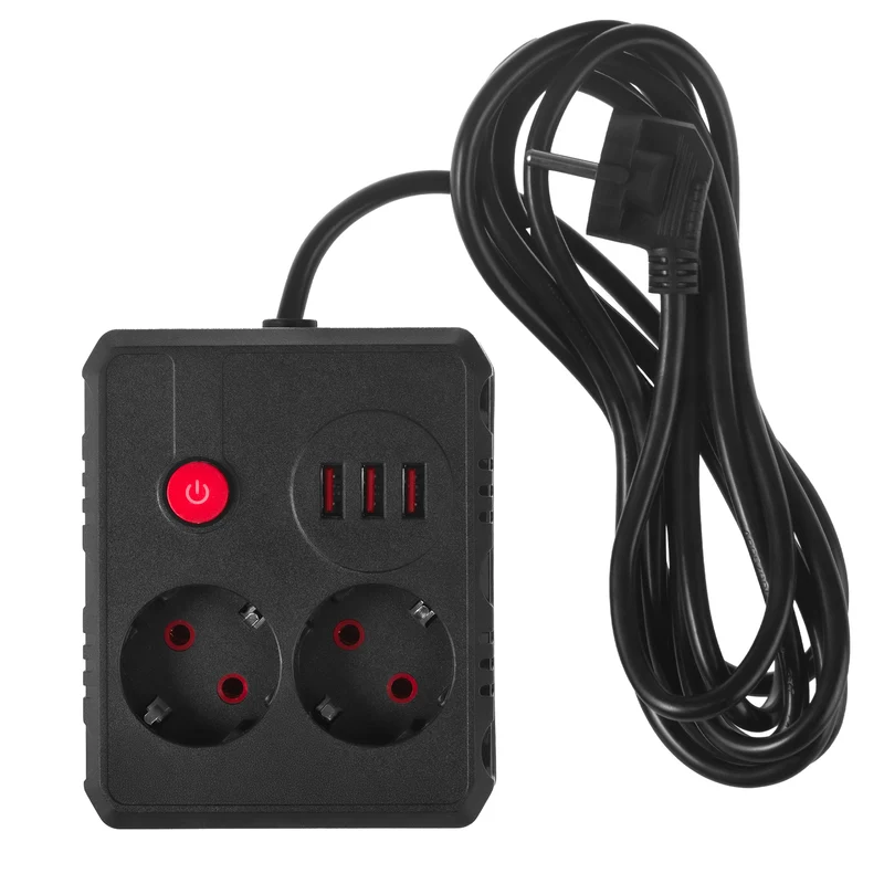 Multiprise Maclean, câble d'extension 2 prises + 3xUSB, 110-240V AC 50/60Hz, 2.1A max 2500W, 3 m, noir, MCE388 B