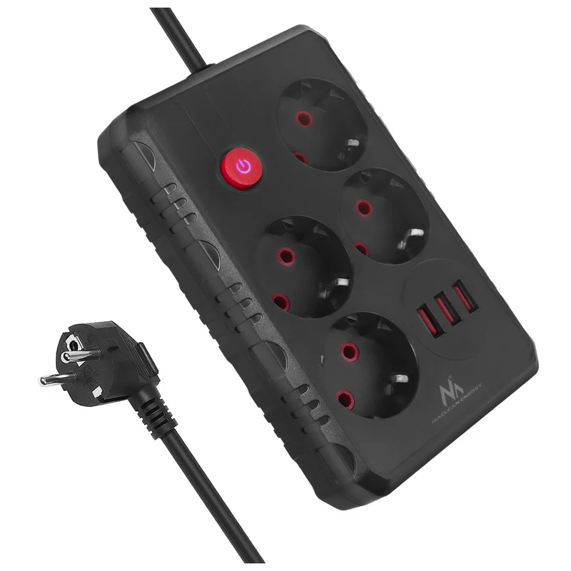 Multiprise Maclean, rallonge 4 prises + 3xUSB, 110-240V AC 50/60Hz, 2.1A max 2500W, 1.5m, noir, MCE392 B