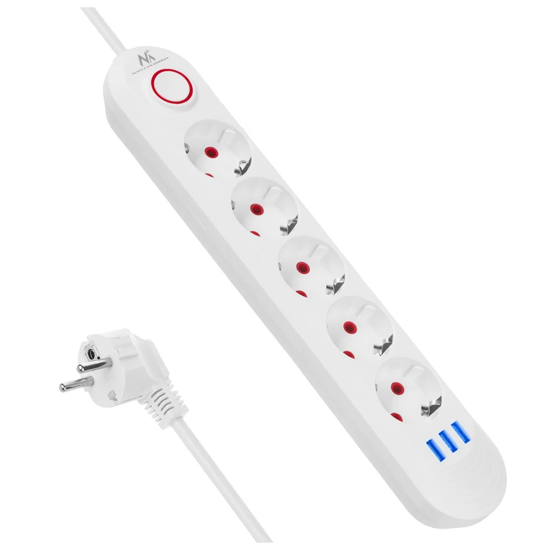 Multiprise Maclean, câble d'extension 5 prises + 3xUSB, 110-240V AC 50/60Hz, 2.1A max 2500W, 1.5m, blanc, MCE395 W