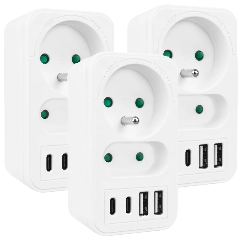 Prise de courant Maclean x2 + 4xUSB, splitter avec 2 prises, 2xUSB A, 2xUSB C PD 20W, 1x16A + 1x6A, MCE249 F/W, 3 pièces