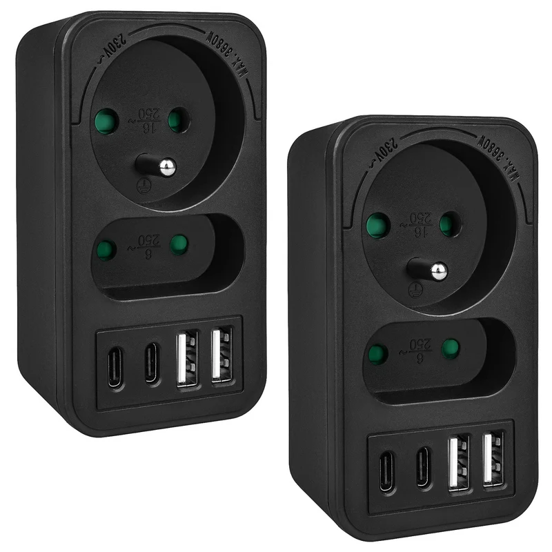 Prise de courant Maclean x2 + 4xUSB, répartiteur avec 2 prises, 2xUSB A, 2xUSB C PD 20W, 1x16A + 1x6A, MCE249 F/B, 2 pièces