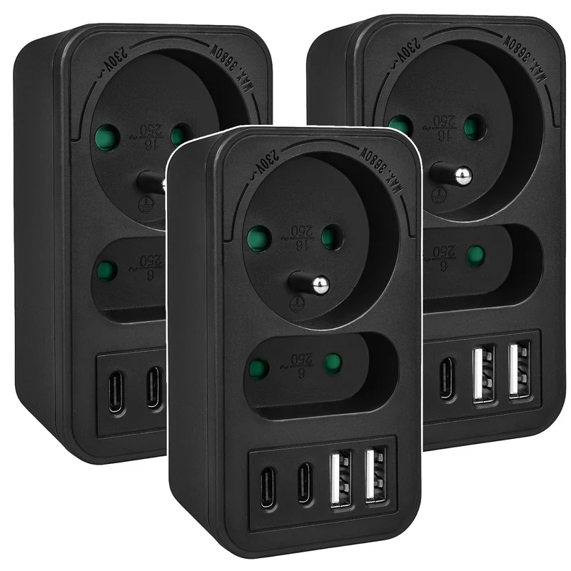 Prise de courant Maclean x2 + 4xUSB, splitter avec 2 prises, 2xUSB A, 2xUSB C PD 20W, 1x16A + 1x6A, MCE249 F/B, 3 pièces