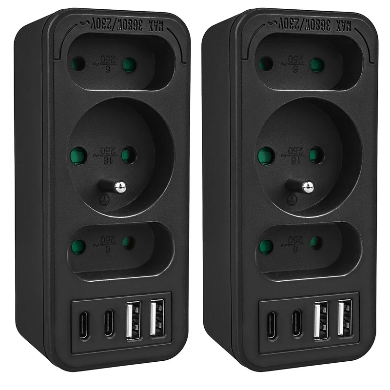 Prise de courant x3 + 4xUSB Maclean, répartiteur 3 prises, 2xUSB A, 2xUSB C PD 20W, 1x16A + 2x6A, MCE248 F/B, 2 pièces