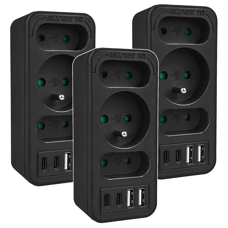 Prise de courant x3 + 4xUSB Maclean, répartiteur 3 prises, 2xUSB A, 2xUSB C PD 20W, 1x16A + 2x6A, MCE248 F/B, 3 pièces
