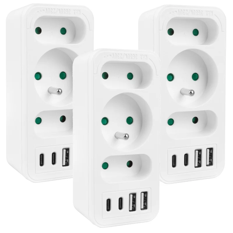 Prise de courant x3 + 4xUSB Maclean, répartiteur 3 prises, 2xUSB A, 2xUSB C PD 20W, 1x16A + 2x6A, MCE248 F/W, 3 pièces