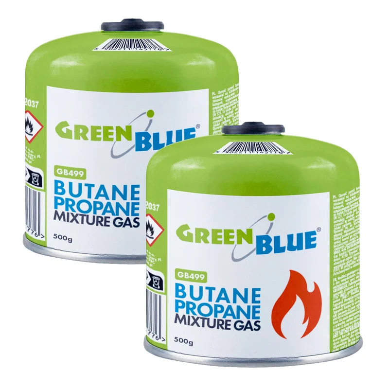 2 cartouches de gaz GreenBlue de 500 g. Certification : Pi 0437, conforme à la norme EN 417, butane-propane, plage de température de -10 °C à +40 °C, raccord fileté 7/16'' GB499