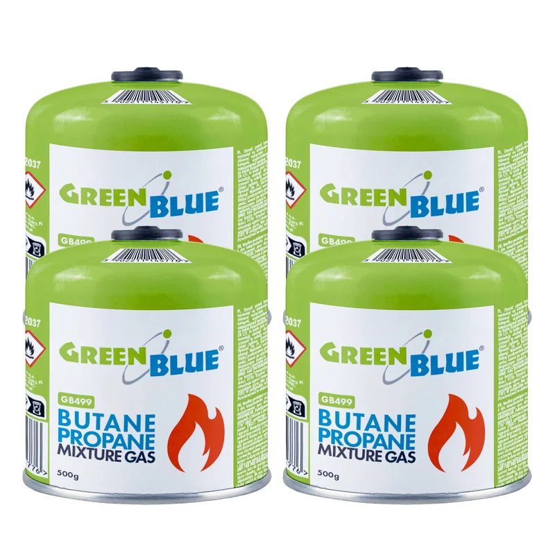 4 cartouches de gaz GreenBlue de 500 g. Certification : Pi 0437, conforme à la norme EN 417, butane-propane, plage de température de -10 °C à +40 °C, raccord fileté 7/16'' GB499
