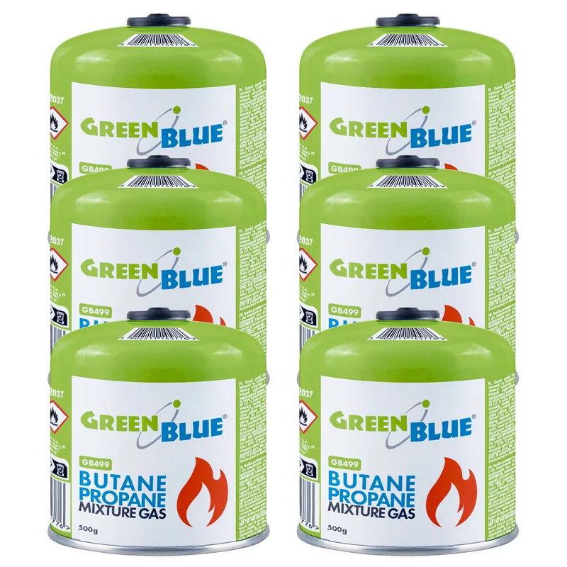 6 cartouches de gaz GreenBlue de 500 g. Certification : Pi 0437, conforme à la norme EN 417, butane-propane, plage de température de -10 °C à +40 °C, robinet fileté 7/16'' GB499