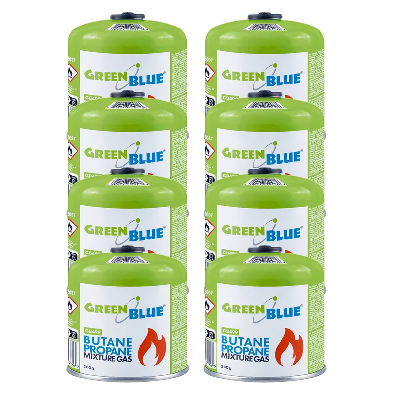 8 cartouches de gaz GreenBlue de 500 g. Certificat : Pi 0437, conforme à la norme EN 417, butane-propane, plage de température de -10 °C à +40 °C, robinet fileté 7/16'' GB499