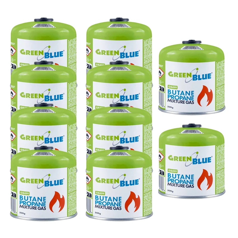 10 cartouches de gaz GreenBlue de 500 g. Certification : Pi 0437, conforme à la norme EN 417, butane-propane, plage de température de -10 °C à +40 °C, raccord fileté 7/16'' GB499