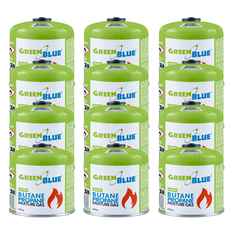 12 cartouches de gaz GreenBlue de 500 g. Certification : Pi 0437, conforme à la norme EN 417, butane-propane, plage de température de -10 °C à +40 °C, valve filetée 7/16'' GB499