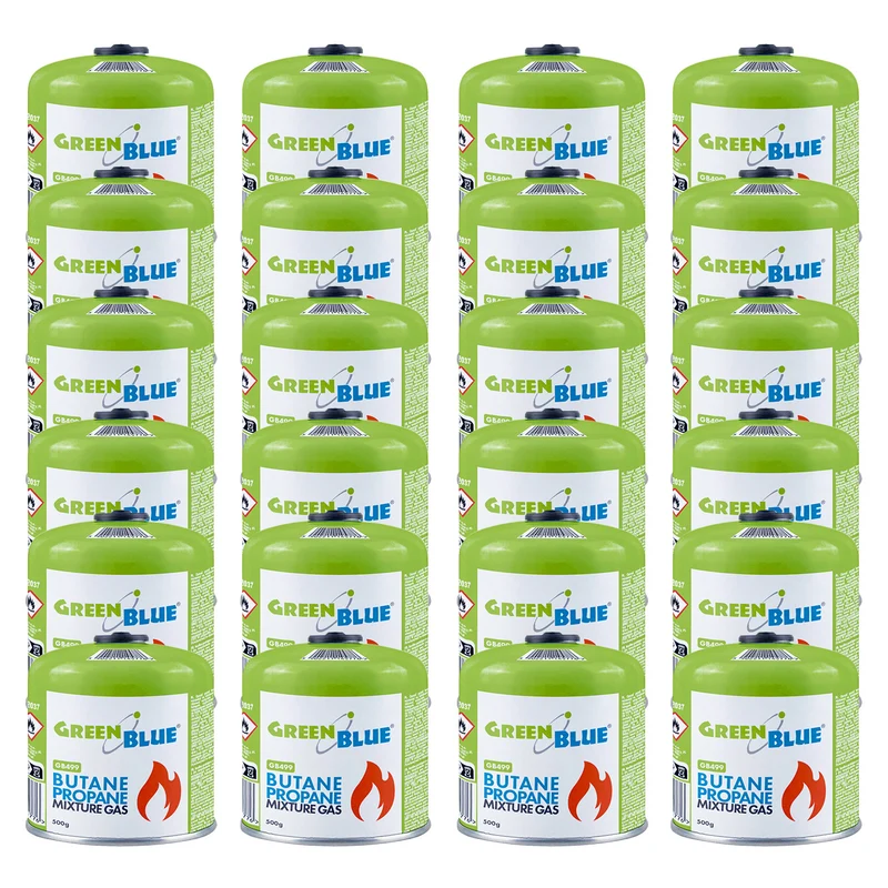 24 cartouches de gaz de 500 g GreenBlue. Certification : Pi 0437, conforme à la norme EN 417, butane-propane, plage de température de -10 °C à +40 °C, robinet fileté 7/16'' GB499