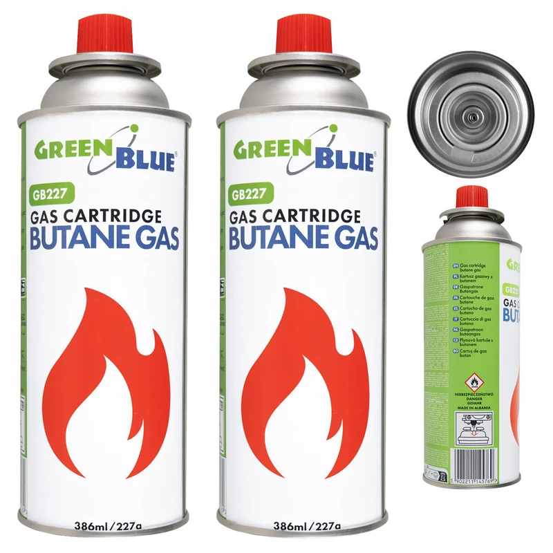 2 cartouches de gaz GreenBlue de 227 g. Certificat : Pi 0875, conforme à la norme EN 417, butane, plage de fonctionnement : -10 °C à +40 °C, GB227