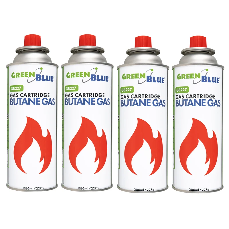 4 cartouches de gaz GreenBlue de 227 g. Certificat : Pi 0875, conforme à la norme EN 417, butane, plage de fonctionnement de -10 °C à +40 °C, GB227