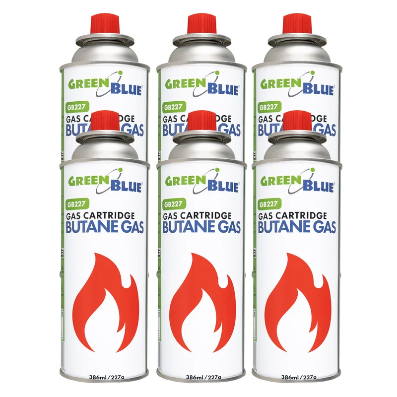 6 cartouches de gaz GreenBlue de 227 g. Certificat : Pi 0875, conforme à la norme EN 417, butane, plage de fonctionnement : -10 °C à +40 °C, GB227