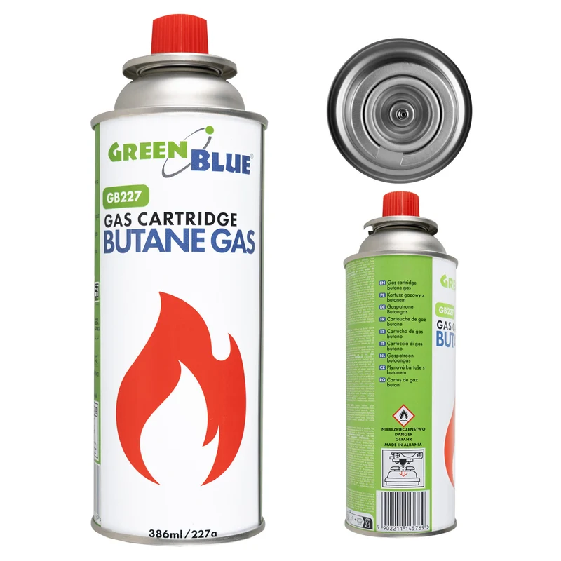 Cartouche de gaz GreenBlue 227 g. Certificat : Pi 0875, conforme à la norme EN 417, butane, plage de fonctionnement : -10 °C à +40 °C, GB227
