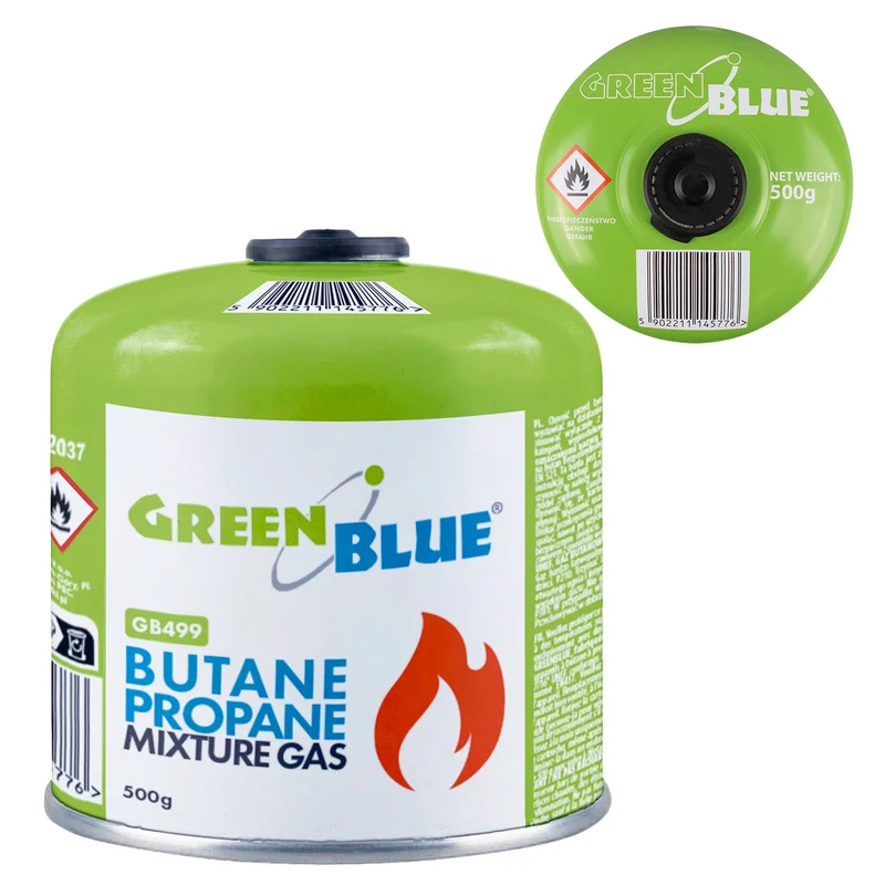 Cartouche de gaz GreenBlue de 500 g. Certification : Pi 0437, conforme à la norme EN 417, butane-propane, plage de température de -10 °C à +40 °C, raccord fileté 7/16'' GB499