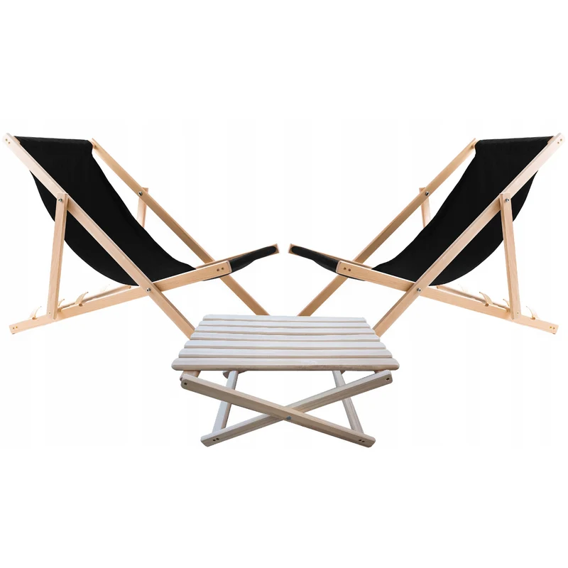 Lot de 2 chaises de plage, noires + table basse en bois Woodok