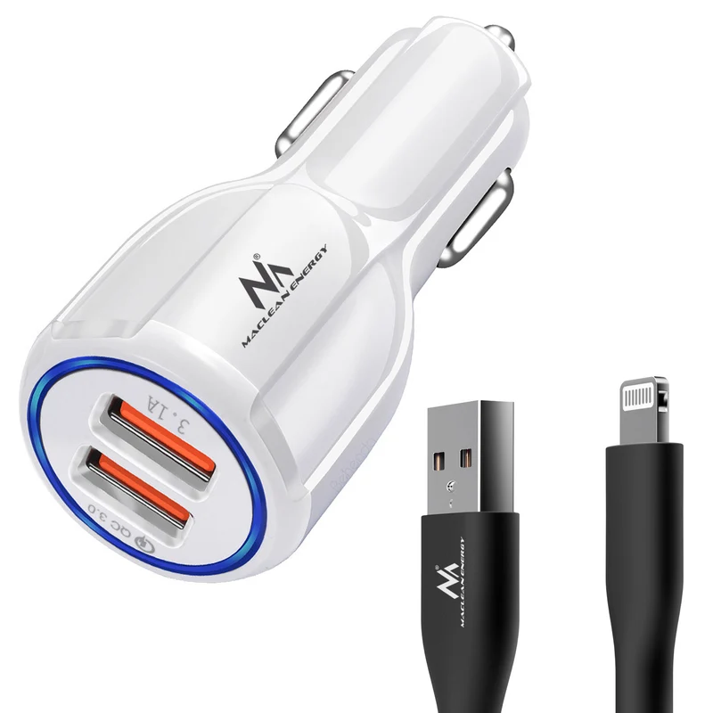Chargeur de voiture Maclean, Qualcomm Quick Charge, QC 3.0 - 5V/3A, 9V/1.8A, 12V/1.6A, 5V/3.1A avec câble USB Lightning