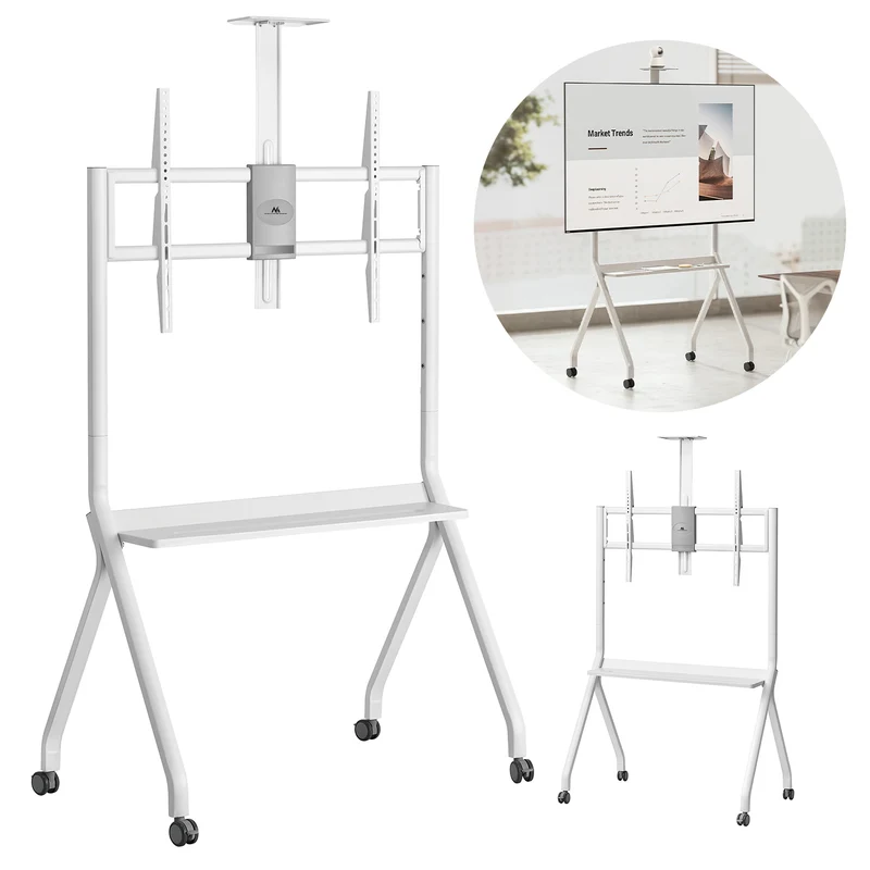 Maclean Support TV / chariot, tablette pour caméra, sur roulettes, 55-100", charge max. 120kg/10kg tablette, max. VESA 900x600, blanc, MC-114 W