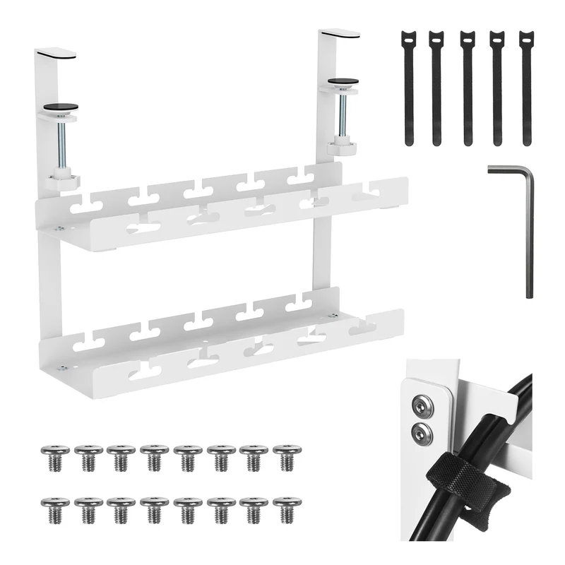 Range-câbles Maclean sous le bureau, charge max. 5kg, 2 niveaux, blanc, MC-104 W