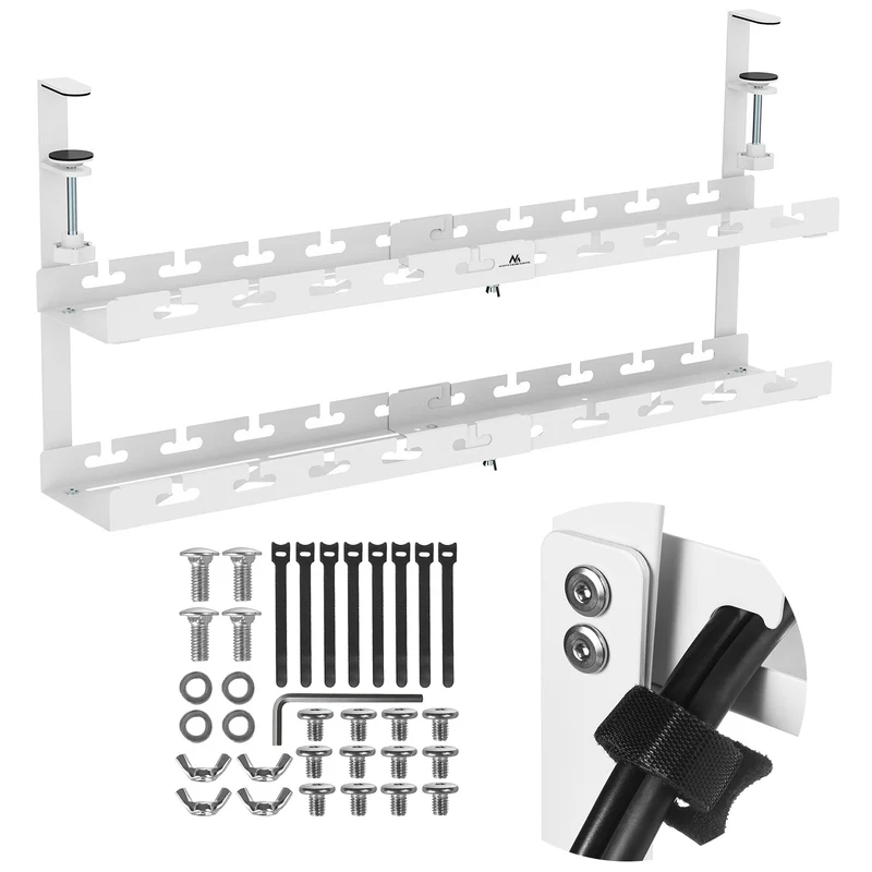 Range-câbles Maclean sous le bureau, charge max. 5kg, max. 728mm, 2 niveaux, blanc, MC-102 W