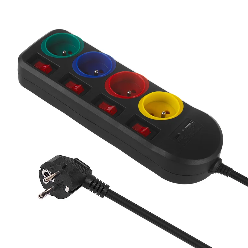 Maclea MCE508 B Multiprise rallonge 4 prises + USB A/C, avec interrupteurs, 250VAC/10A, 1.5m, noir,