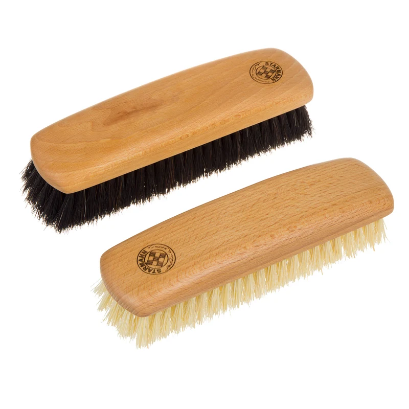 STARMANN Lot de brosses à chaussures en bois de hêtre Lot de 2 brosses à reluire 1x fibres de tampico 1x crinière de cheval Lot de cirages pour chaussures