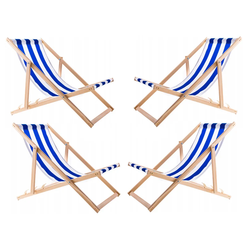 4 confortables chaises longues en bois, rayures bleues, idéales pour la plage, le balcon, la terrasse, l'assemblée