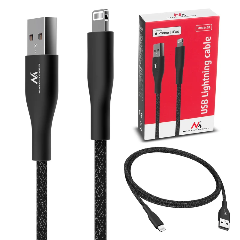 Maclean MCE845B câble Mfi compatible avec iPhone/iPod/iPad supportant Fast Charge 2.4 A noir longueur 1m 5 V/2.4 A transfert de données