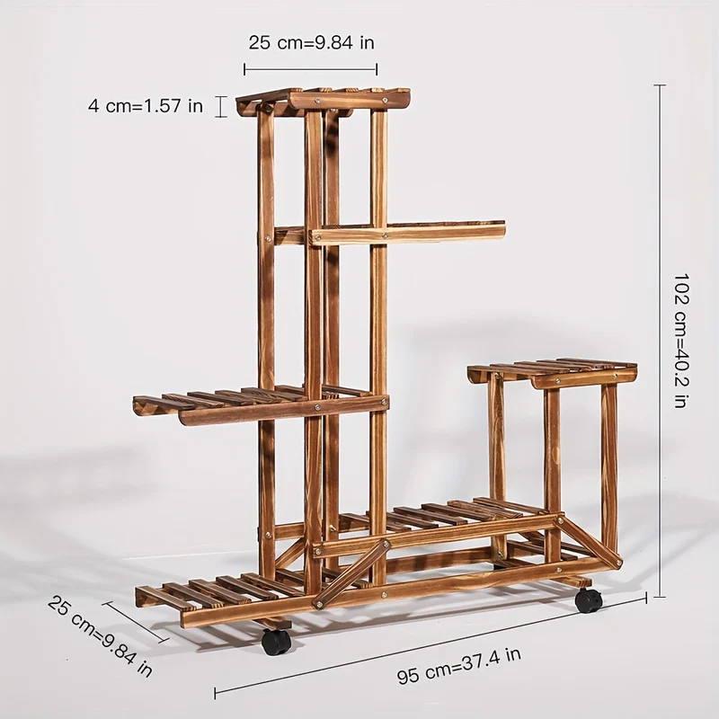 Robuuste 6-laags Houten Plantenstandaard – Gecarboniseerde Behandeling