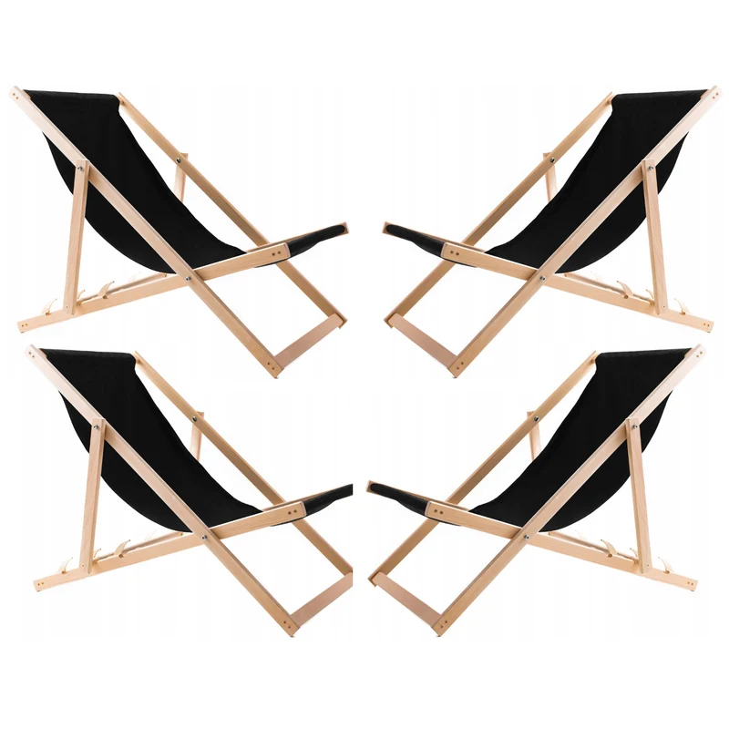 4 chaises longues confortables en bois, noires, idéales pour la plage, le balcon, la terrasse